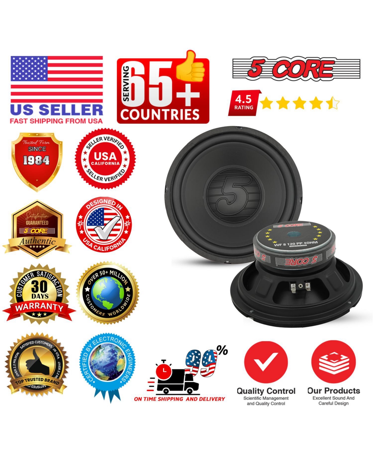 5 Core 8 Inch Woofer 200W Car Subwoofer 4Ohm Replacement Deep Sub w Poly Cone - Wf 8 120 Pp 4OHM