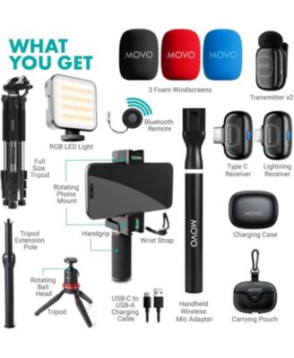 iVlogger-PRO Wireless Vlogging Kit for iPhone/Android with Dual Wireless Mics, RGB Light, Fullsize Tripod + More