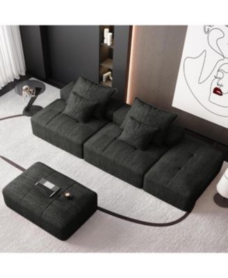 Modern Chenille Sectional Sofa w/ 2 Ottomans & Pillows - BLACK