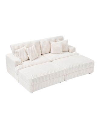 White Corduroy Sofa w/ Storage Legs & Pillows