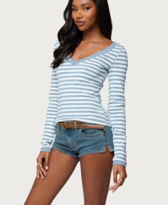 Women's Kimi Striped Long Sleeve V Neck Top