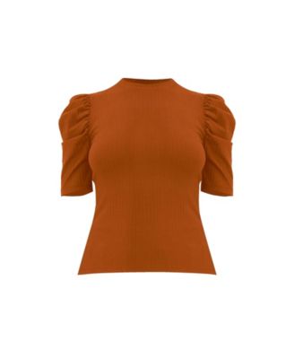 Women's Puff Shoulder Ribbed-Knit T-shirt
