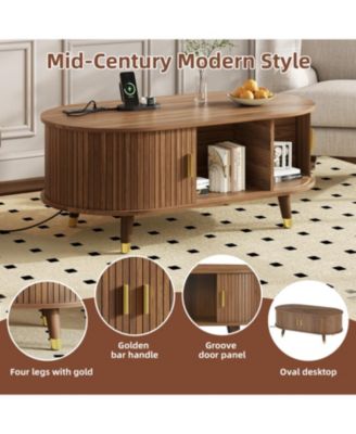  42.5" Oval Fluted Coffee Table with Charging Station, Sliding Door