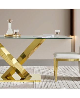 Streamdale Gold stainless steel dining table 70.08 inch clear tempered glass top