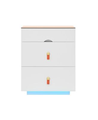 3-Drawer LED Nightstand, Glass Top, Faux Leather Handles