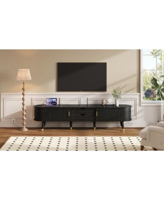 Wooden Oval TV Stand with Charging Station, Mid-Century Media Console, Black
