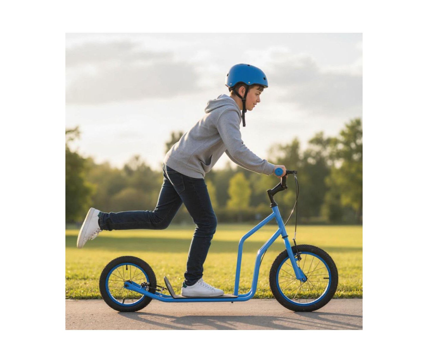 Детская игрушка HONGGE Youth Kick Scooter with Adjustable Handlebar and Inflatable Tires, 110 lbs Capacity, Ages 8+, цвет: Синий — фото 4