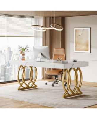 63-Inch Executive Desk, Modern Office Computer Desk with Faux Marble Tabletop