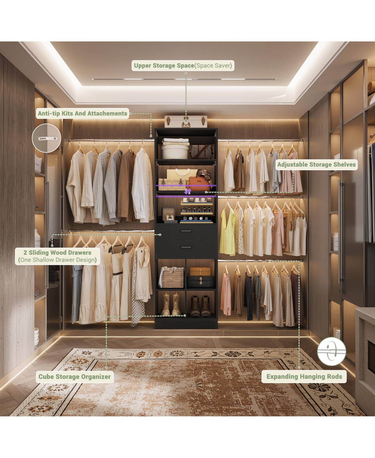 Aheaplus 4-8 Ft Walk-in Adjustable Closet Organizer System with 2 Drawers and 5 Rods