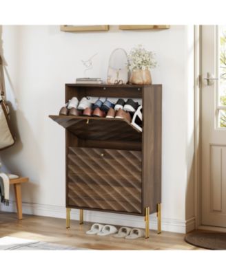 23.6" Walnut Shoe Cabinet, Mid-Century Modern Organizer