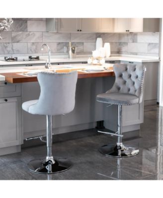 Streamdale Swivel Velvet Barstools, Adjustable Height, Chrome Base, Set of 2, Gray