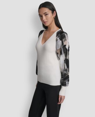 Women's Printed Organza-Sleeve V-Neck Shirt