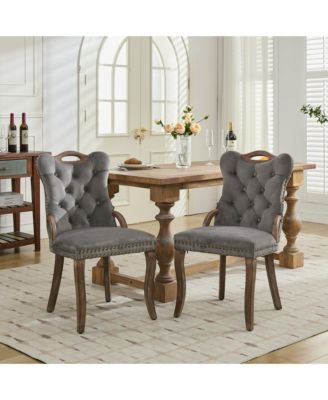  Velvet Tufted Dining Chairs, Wood Handles & Legs, Copper Nails, Set of 2, Gray