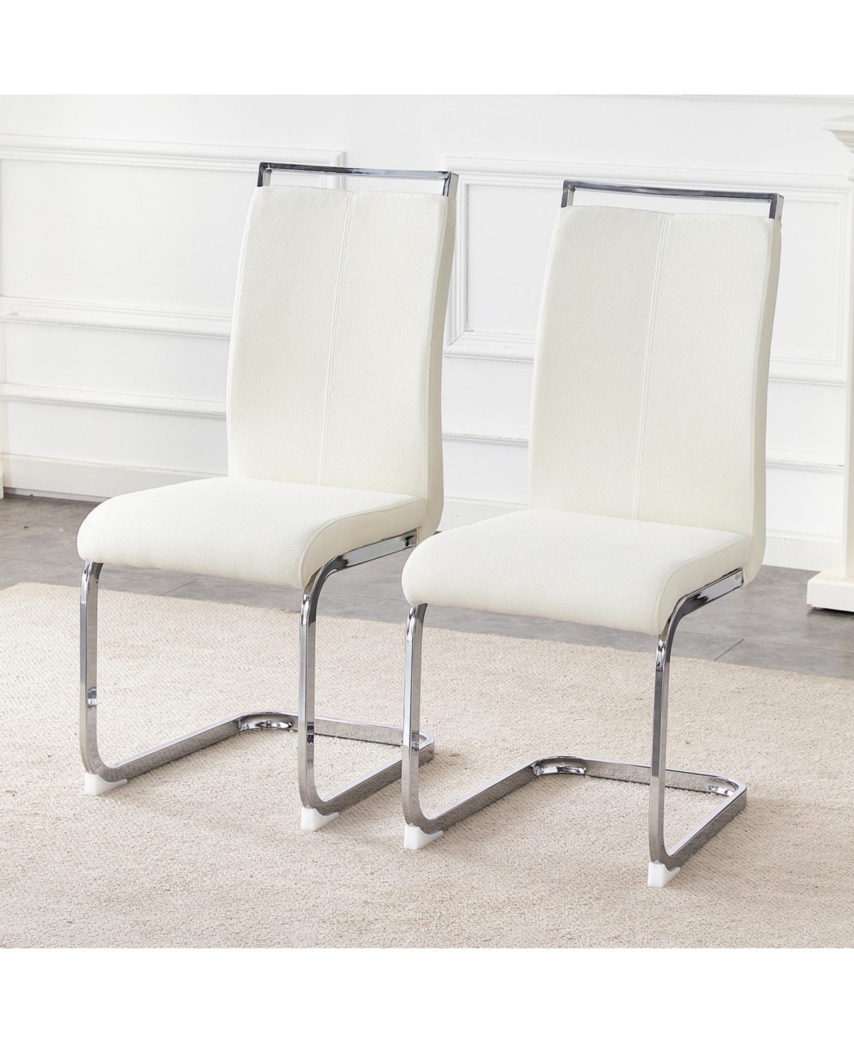 Streamdale Furniture Luxury Dining Chairs, White Fabric & Silver Legs, Set of 2
