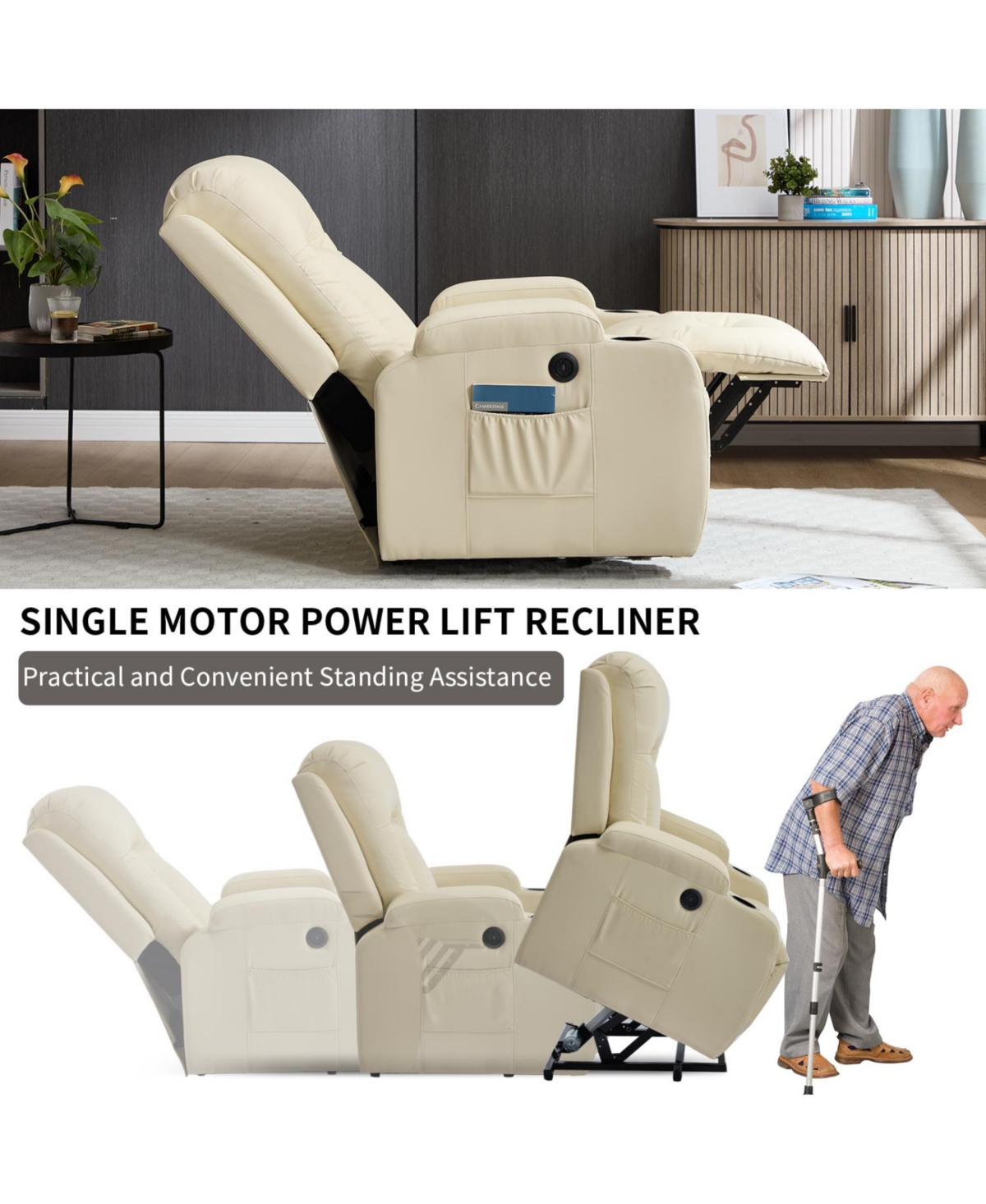 Streamdale Furniture Streamdale Beige Power Lift Recliner w/ Massage, Heat, Usb & Cup Holders