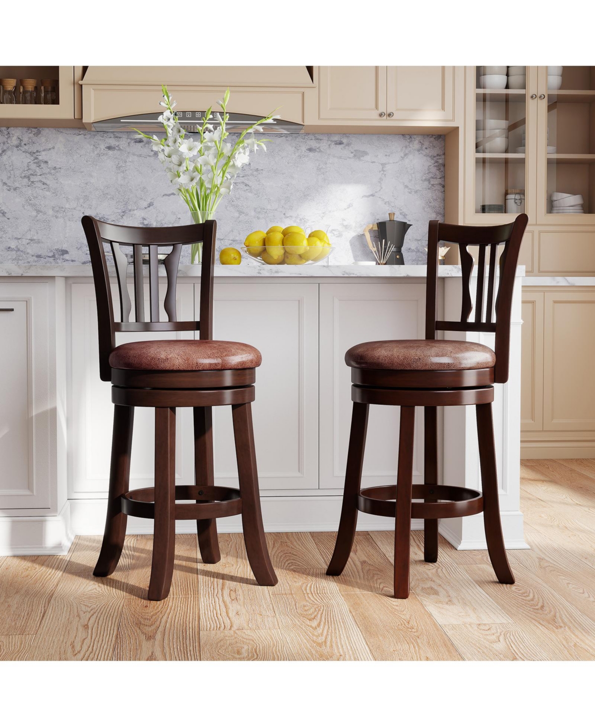 Gymax 26'' Counter Height Swivel Bar Stools Set of 2 w/Back & Faux Leather Seat