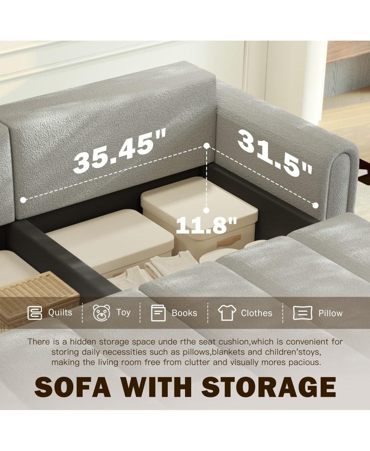 Maison Boucle Modern 4-Seat Teddy Fabric Sleeper Sofa with Storage, 90" Pull-Out Couch Bed, King Size Convertible for Living Room