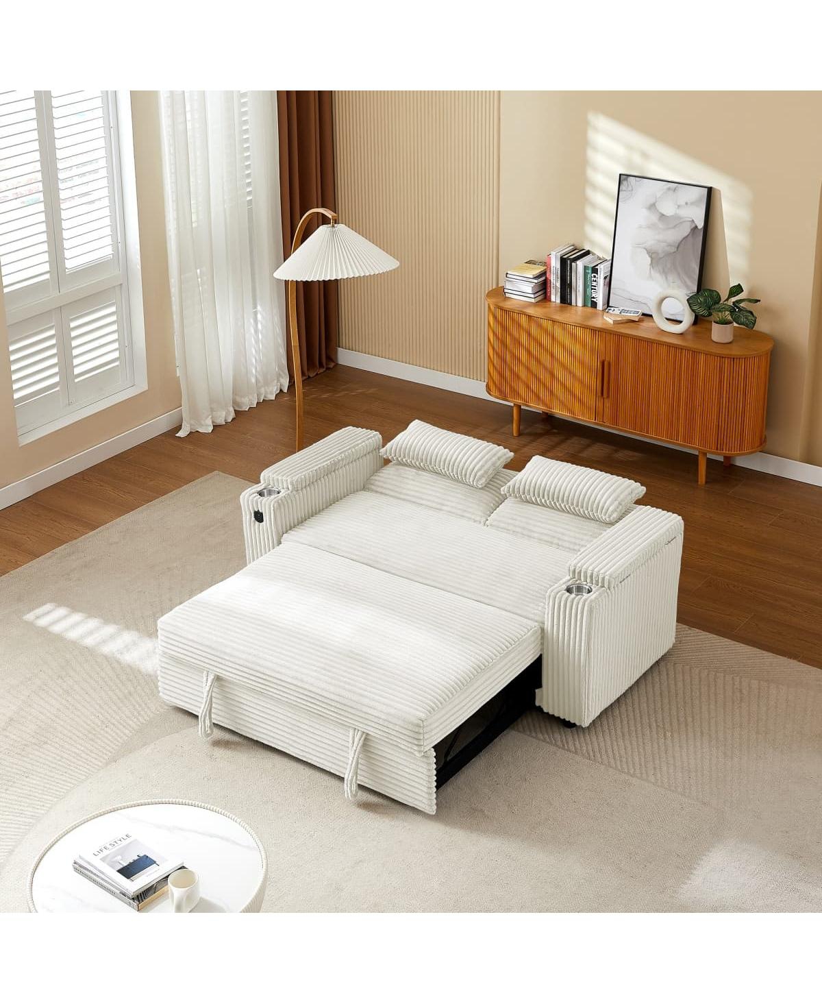 Maison Boucle 67" Pull-Out Sleeper Sofa Bed with Usb Port & Cup Holders, Convertible Loveseat Adjustable Backrest for Small Spaces-Maison Bo