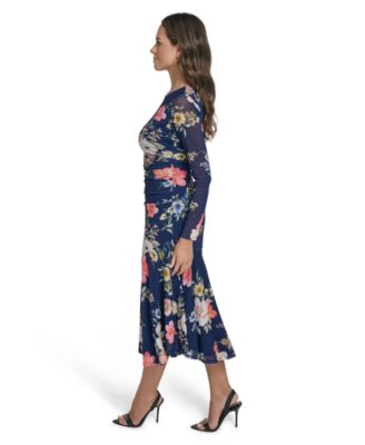 Women's Printed Mesh Long-Sleeve Asymmetrical Hem Bodycon Dress