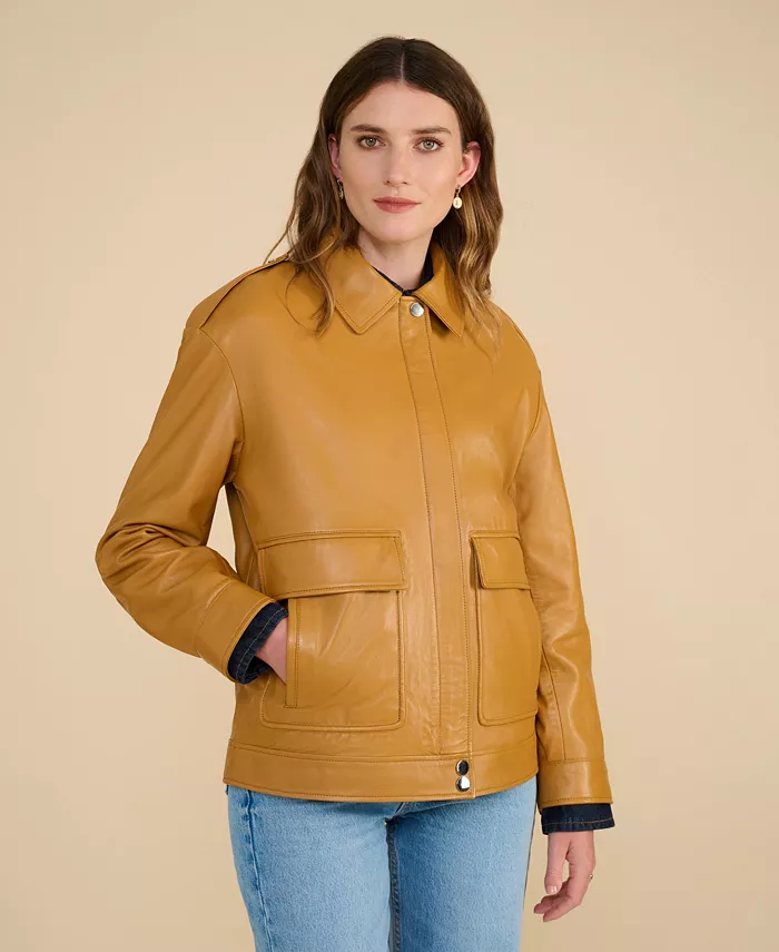 Women's Leather Jacket with Detachable Shearling Collar - thumbnail 3