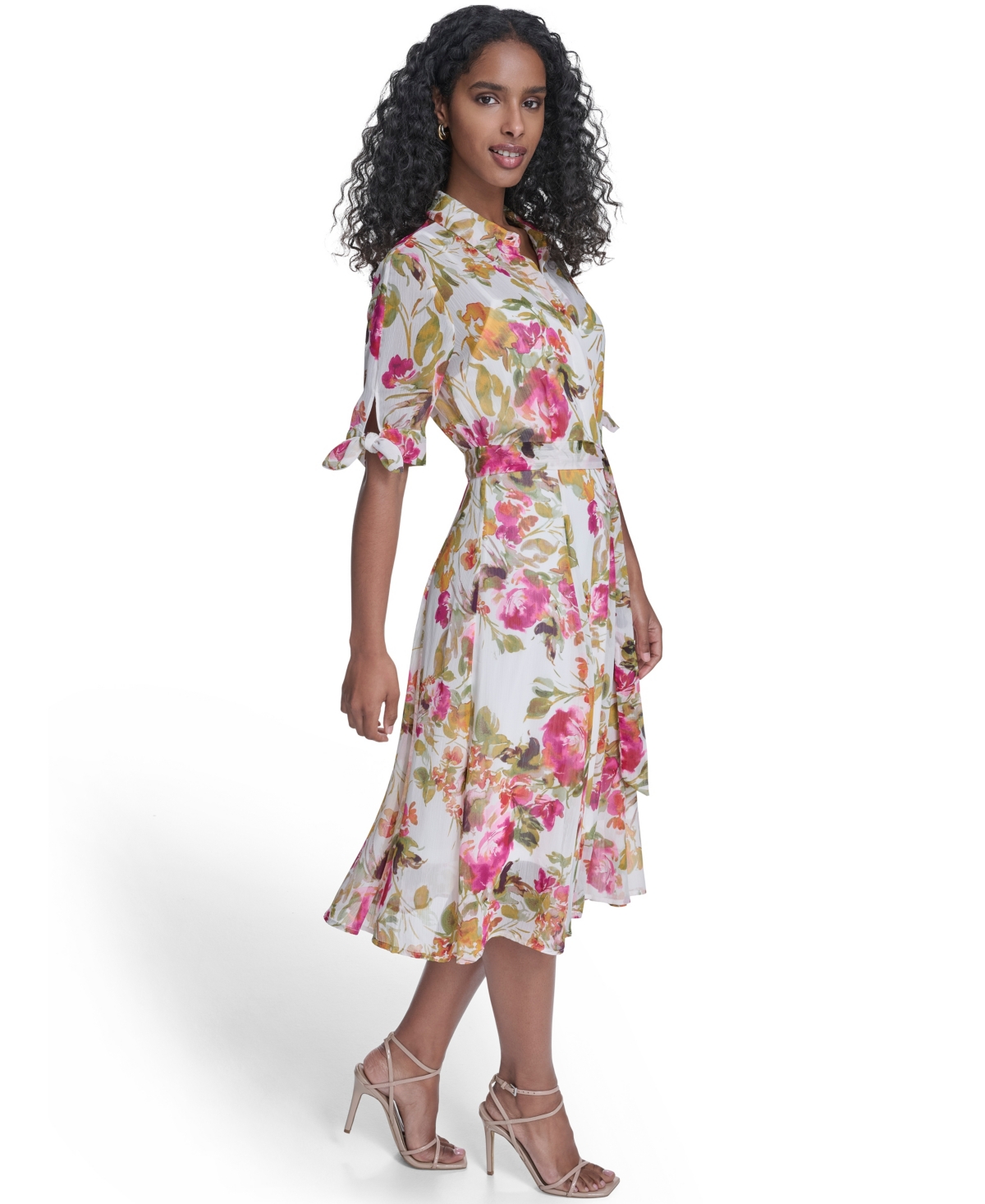 Calvin Klein Women's Tie-Sleeve Printed Midi Dress