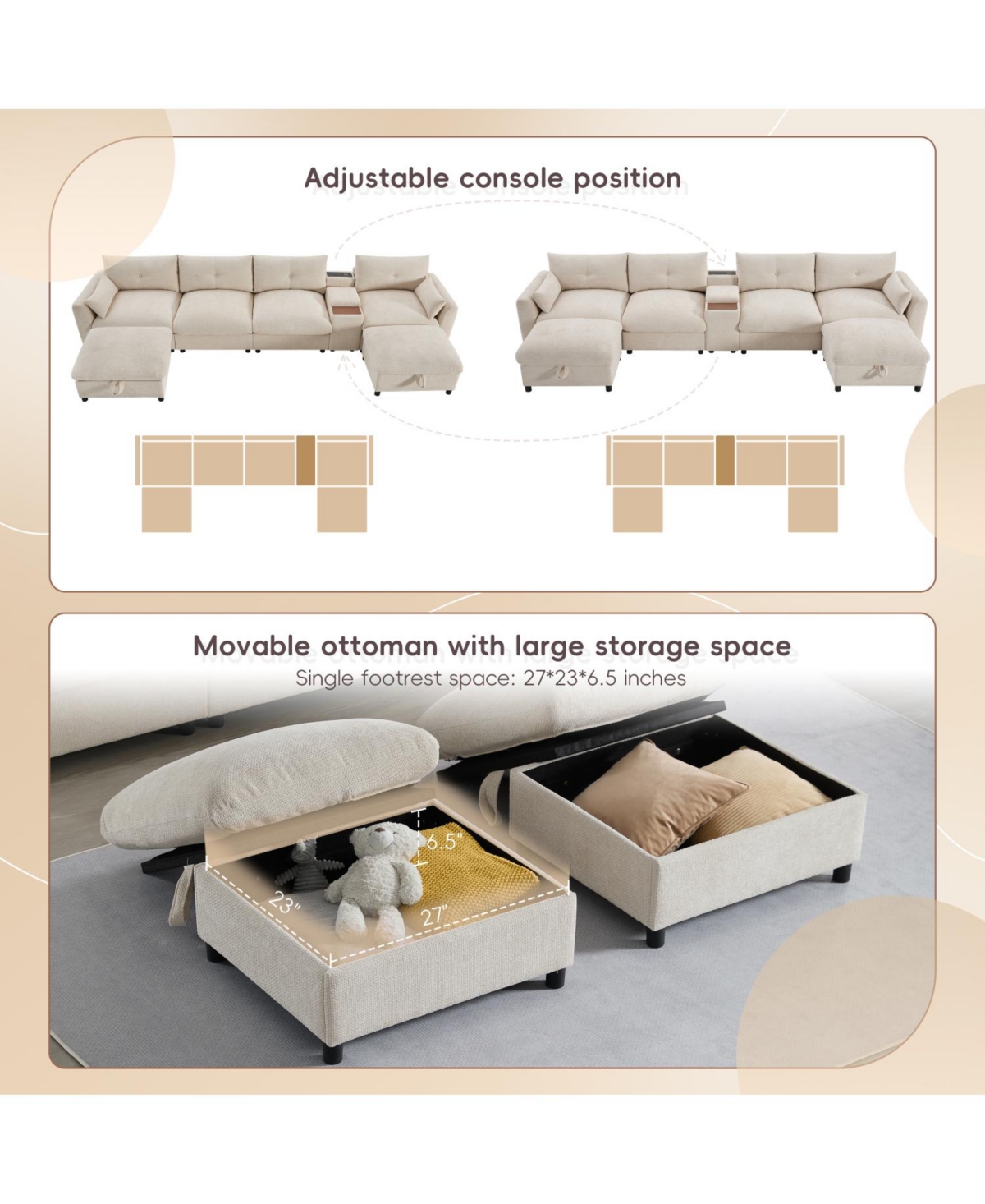 Streamdale Furniture Modular Sectional Sofa w/ Ottoman, Console, Usb Charger