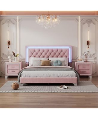 Streamdale Queen Upholstered LED Bed Set with 2 Nightstands