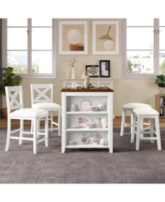 Streamdale 5 Pieces Counter Height Rustic Farmhouse Dining Room Wooden Bar Table Set with 2 stools and 2 Chairs, White