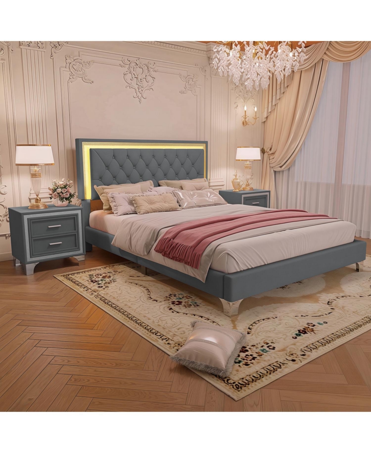 Streamdale Furniture Queen Upholstered Led Bed Set with 2 Nightstands