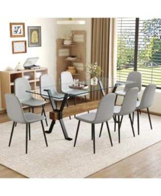 8 Gray Linen Chairs & Wood Grain Table Set