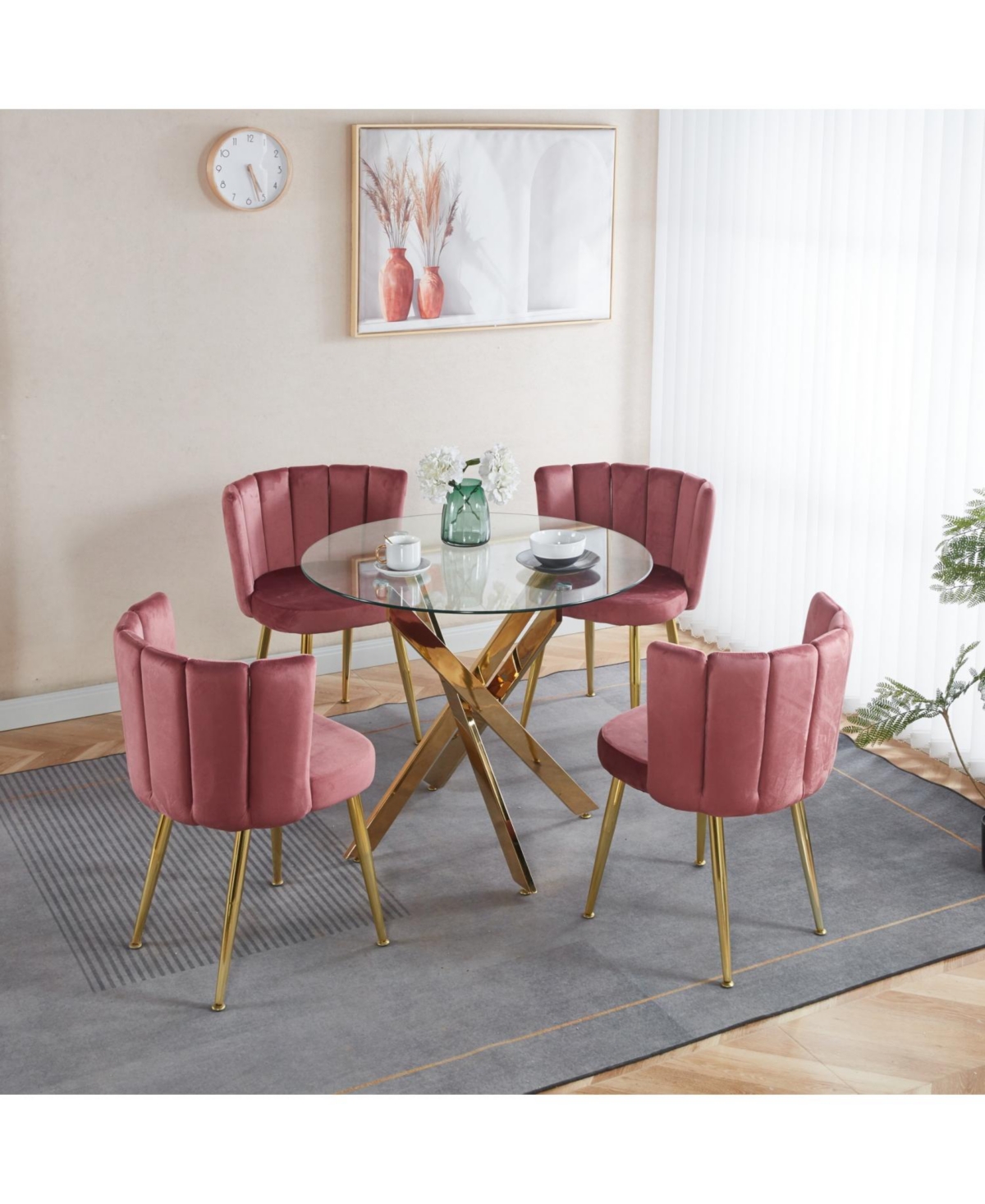 Streamdale Furniture Mid-Century Glass Top Dining Set - Gold glass pink