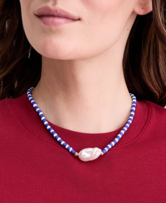 Gold-Tone Blue Bead & Imitation Pearl Collar Necklace, 16" + 2" extender