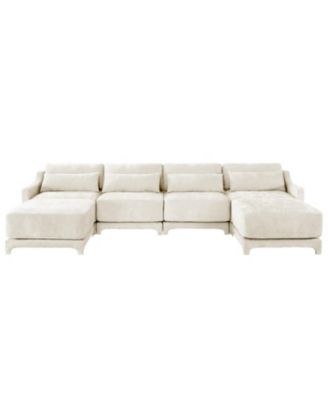 Beige Chenille 4-Seater Sofa with Ottoman