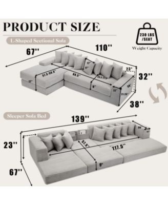 Oversize Cloud Couch L-Shape Sofa Bed, 8 Pillows, Corduroy
