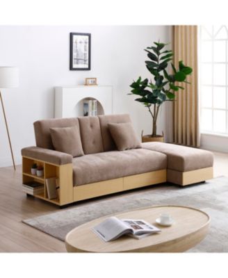  Convertible Sleeper Sofa Bed with Storage Ottoman & Drop Down Table - Light Brown