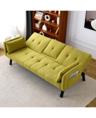70" Cotton Linen Sofa Bed- Foldable, Cup Holder, Side Storage