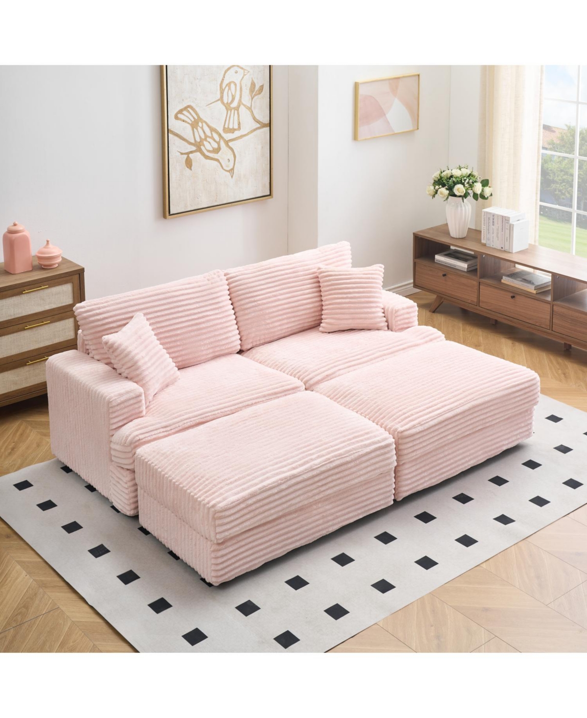 Streamdale Furniture Grey Corduroy Sofa w/ Storage Legs & 4 Pillows