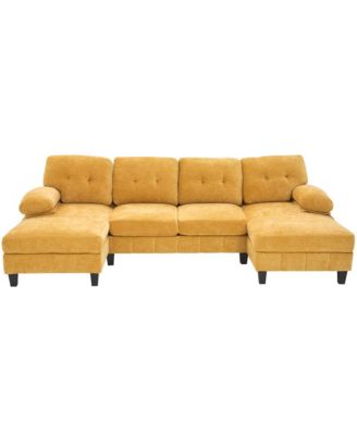 U-Shaped Chenille Sectional Sofa with Dual Chaise & Storage - Yellow