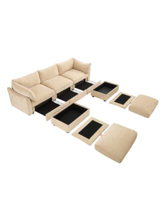 U-Shaped 3-Seater Sofa w/ Footstools & Storage - Chenille Wheat