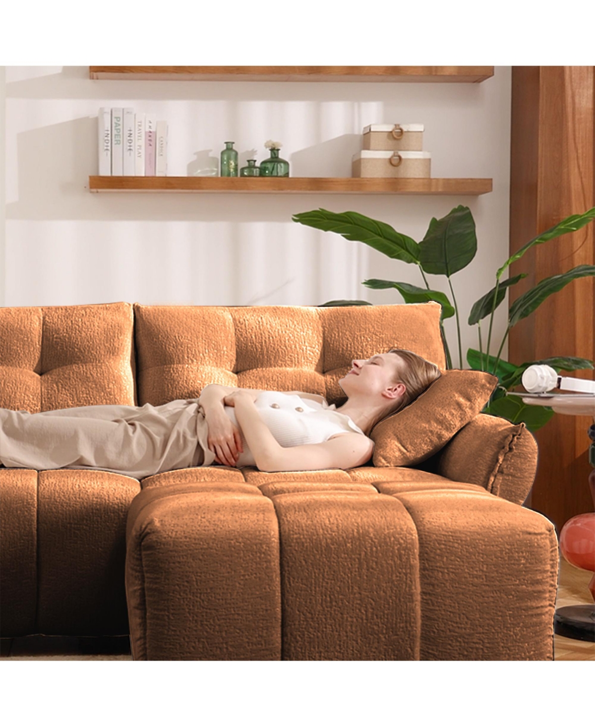 Streamdale Ergonomic Sofa with Ottoman, High-Resilience Cushions, Burnt Orange