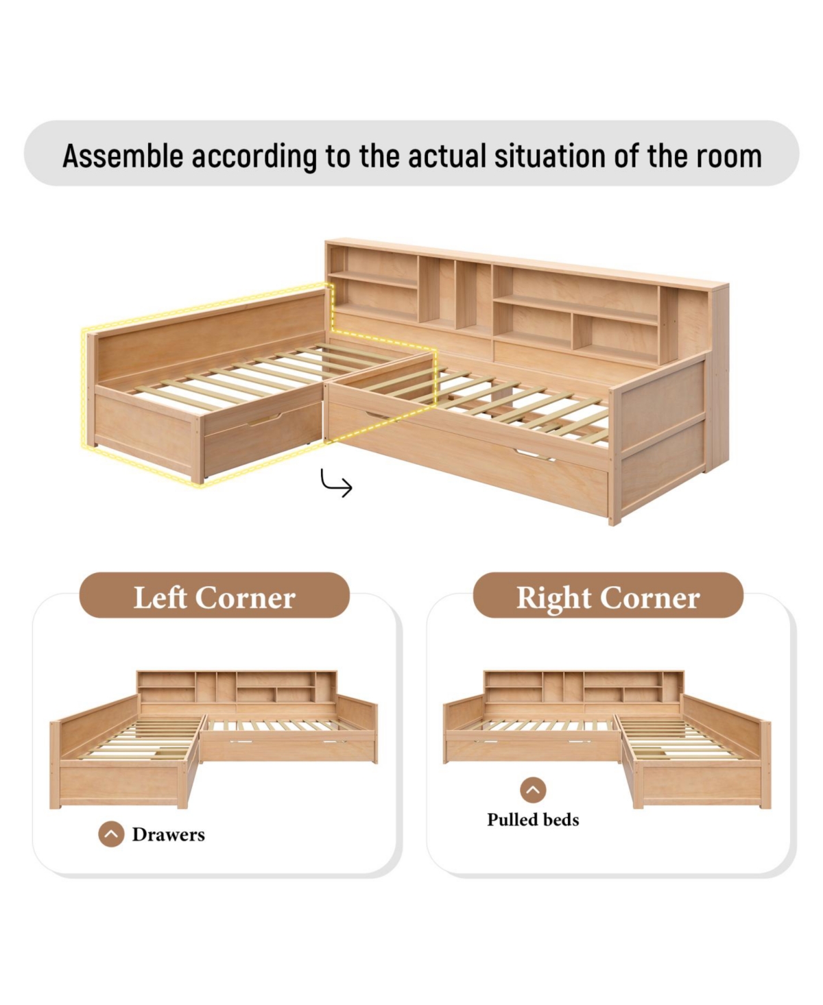 Streamdale Furniture Twin L-Shaped Daybed with Trundle, Storage & Bookcases - Natural