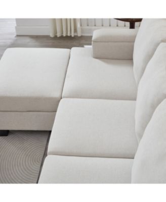 Beige Linen L-Shaped Sectional Sofa with Ottoman