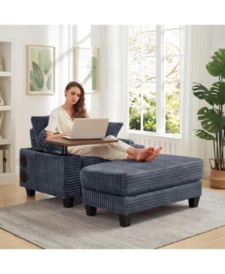 Streamdale Corduroy Sofa Bed with Ottoman, Bluetooth, USB, Rotating Table