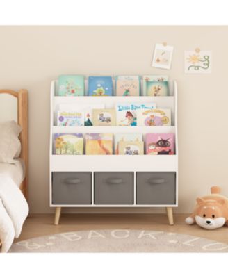 Streamdale Kids Bookshelf with 3 Fabric Bins White Wooden Book Organizer