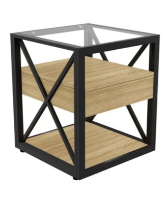 Modern End Table with Drawer - Natural Wood & Glass