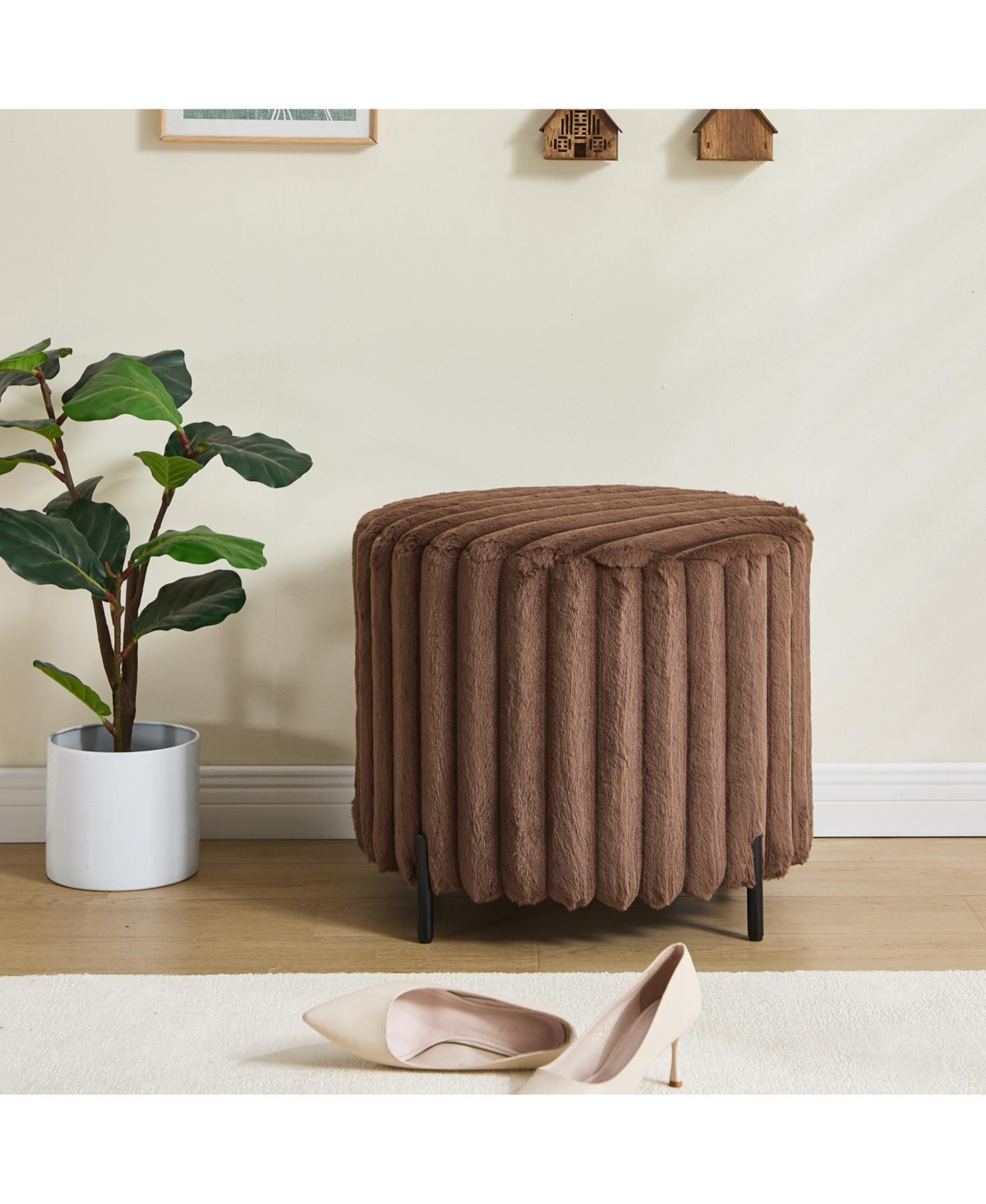 Streamdale Furniture Upholstered Round Ottoman with Metal Legs - Brown