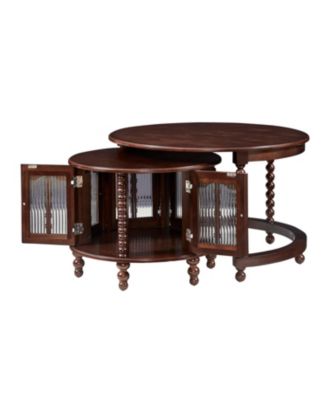 Vintage Round Nesting Coffee Table, Bamboo Glass Doors, Beaded Legs, Walnut, 31.5"