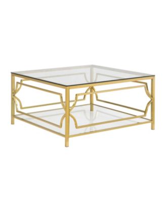 Square Glass Coffee Table, Gold Geometric Frame, Lower Shelf