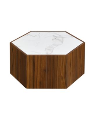 Rustic Hexagonal Coffee Table, Drawers, Marble Top, Light Oak