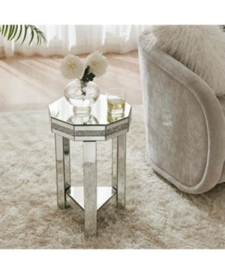 Mirrored Octagon End Table with Crystals, 2-Tier Silver Accent Table
